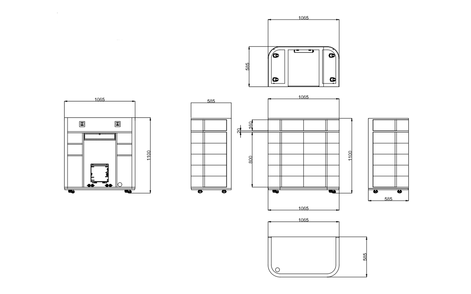 Dimension drawing of the A model LED DJ booth, 1065 x 585 x 1100 mm desk with a 1920 x 960 mm display surface