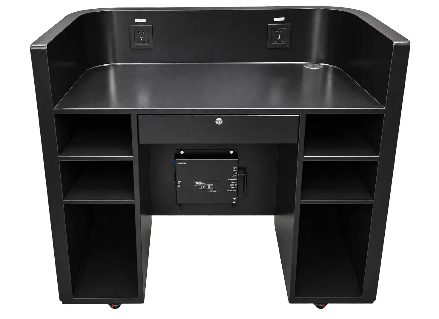 Rear side of the A model LED DJ booth: open storage bays either side of a locking drawer, two power sockets on the back panel and the NovaStar control box
