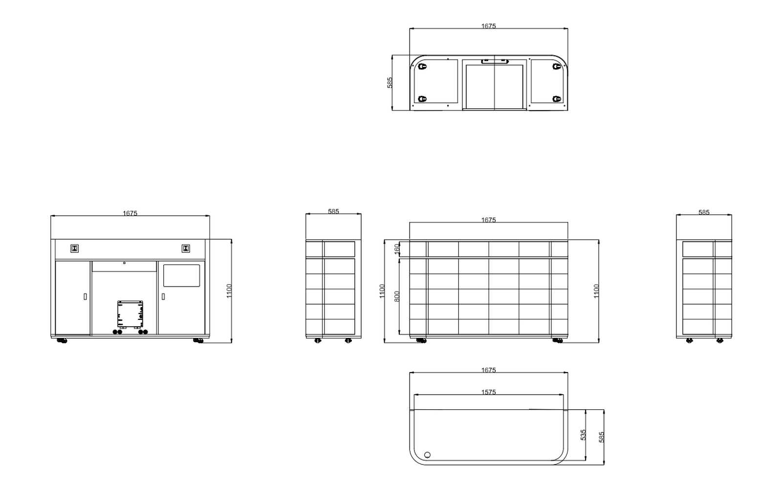 Dimension drawing of the B model LED DJ booth, 1675 x 585 x 1100 mm desk with a 2560 x 960 mm display surface