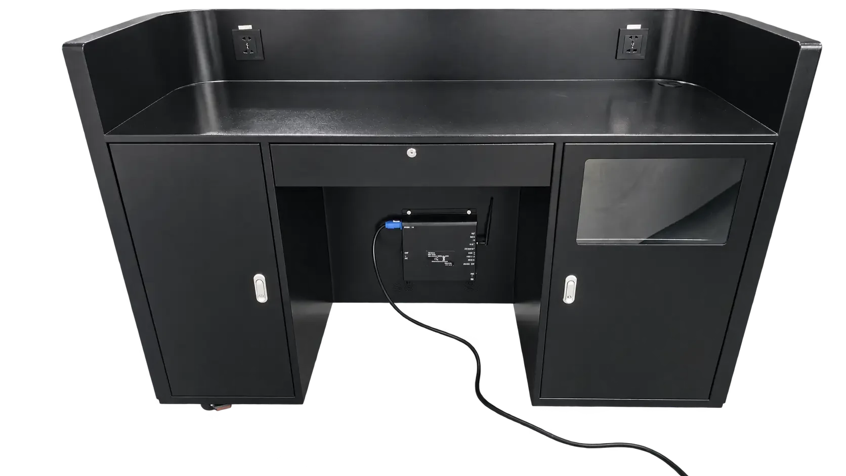 Rear side of the B model LED DJ booth: lockable side cabinets, a glazed equipment window, two power sockets and the NovaStar control box with network cable