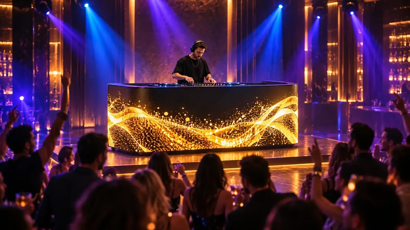 DJ performing behind a curved LED DJ booth with a gold wave animation on its front screen, club stage with audience in the foreground