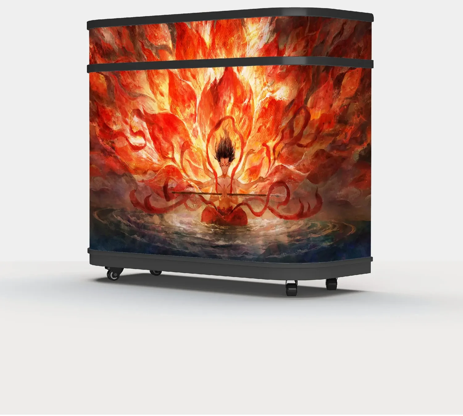 Curved LED DJ booth front with a slim black trim line across the upper screen