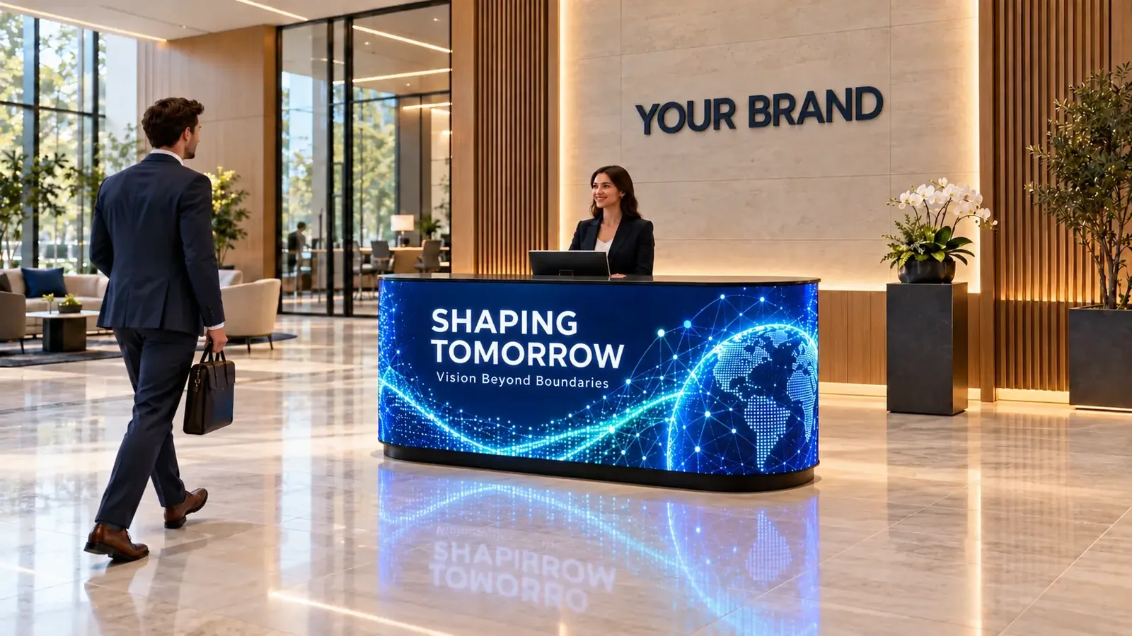 Curved LED DJ booth used as a corporate reception desk, showing a brand video loop with a blue network globe animation in an office lobby