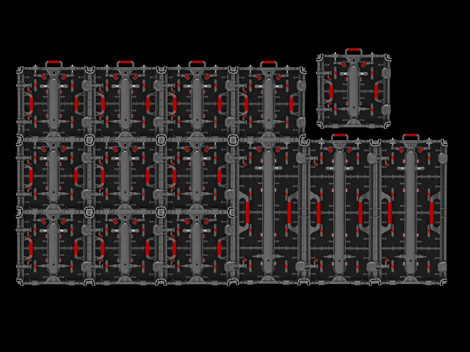500x500 and 500x1000 Star II rental LED cabinets locked vertically into one mixed-size wall