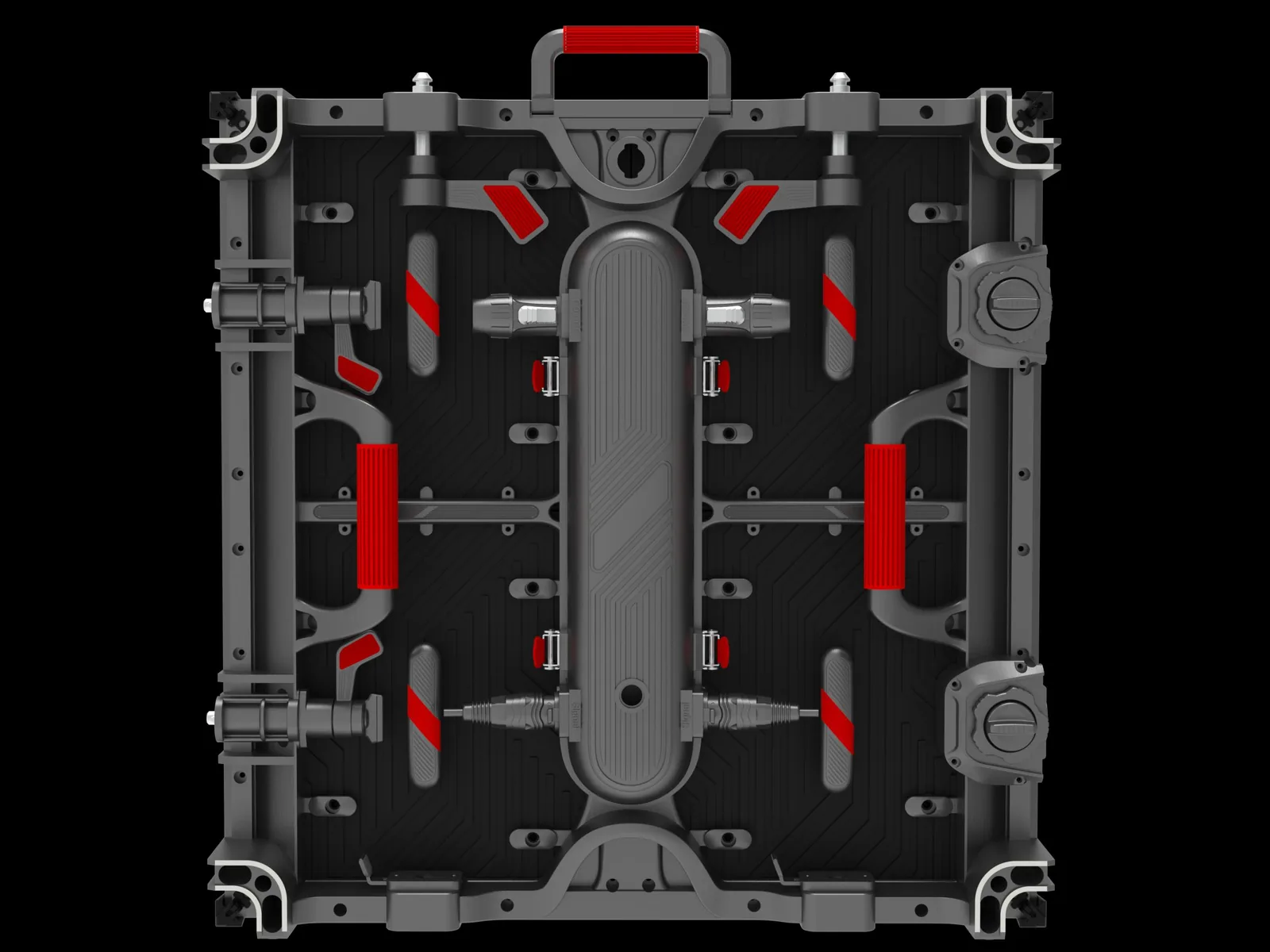 Rear structure of a Star II rental LED cabinet showing quick locks, arc lock, power box, handles and corner protection
